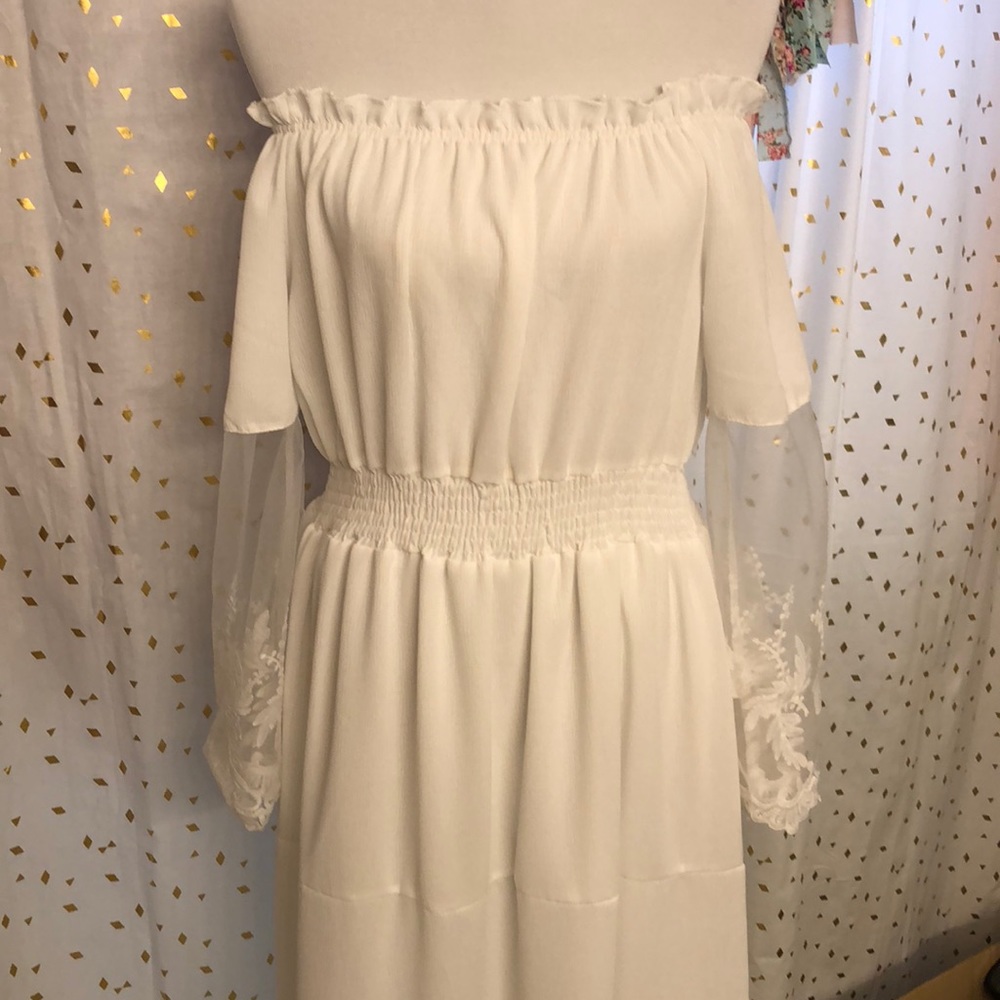 White 3/4 sleeve sheer white maxi dress